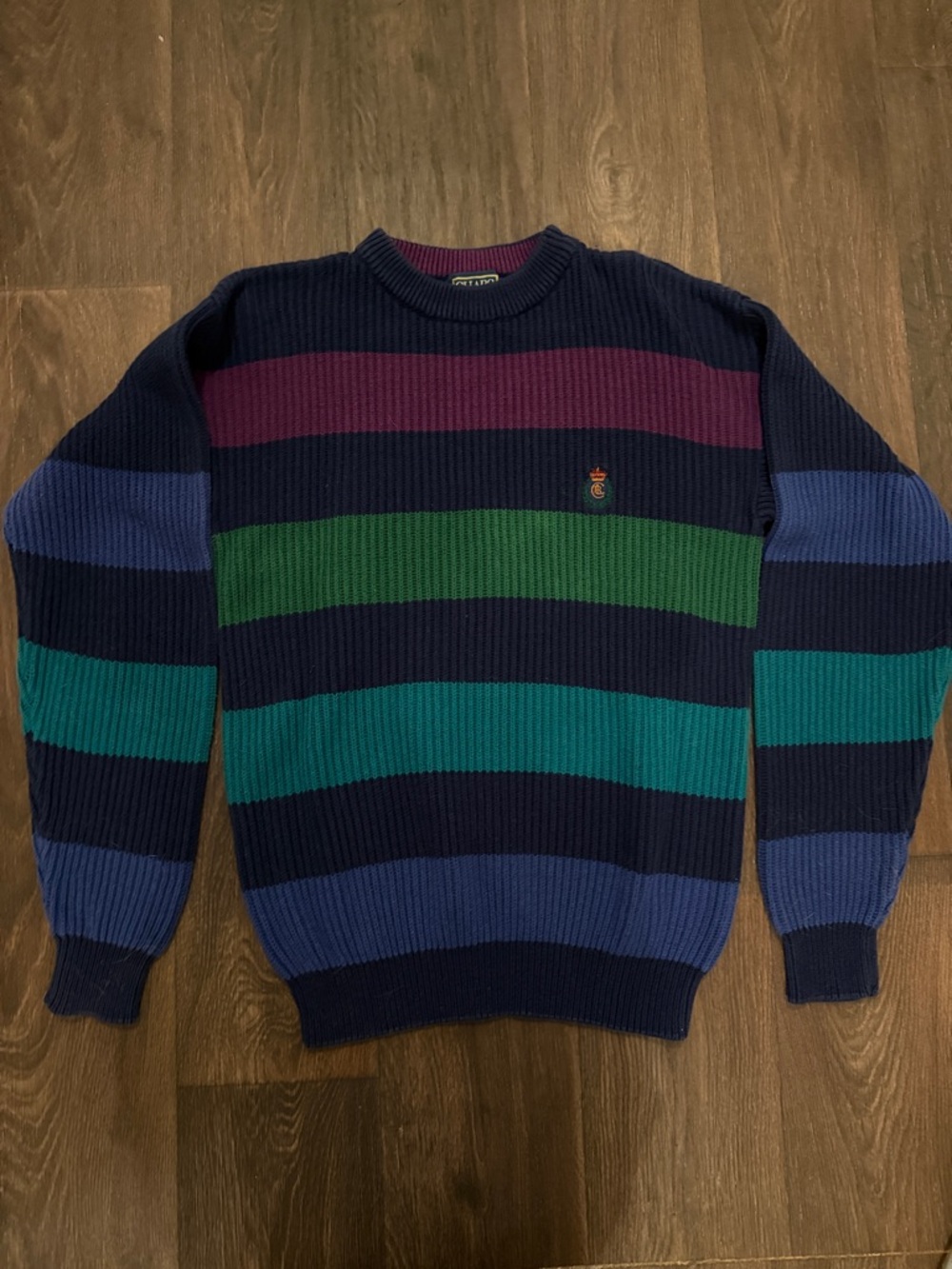 Chaps Ralph Lauren Men's Navy Striped Crewneck Sweater with Multicolor Bands
